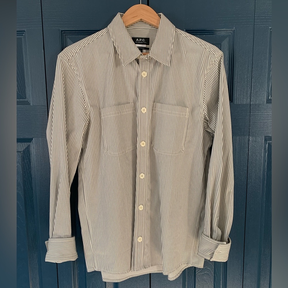 A.P.C. David Twill Overshirt in Small, relaxed fit. Pinstriped grey and white.